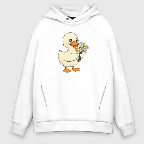 Мужское худи оверсайз Милая уточка с букетом ромашек / Белый – фото 1