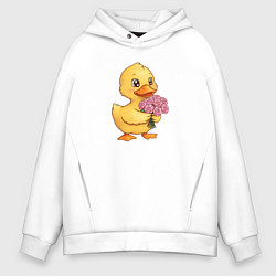Толстовка оверсайз мужская Желтая уточка с букетом роз, цвет: белый