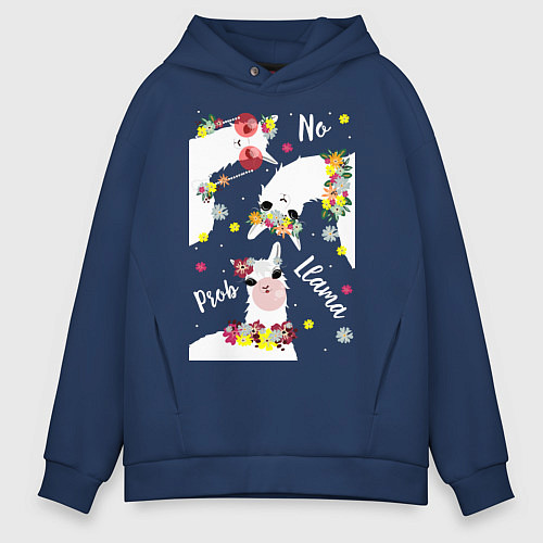 Мужское худи оверсайз Семья три ламы с цветами / Тёмно-синий – фото 1