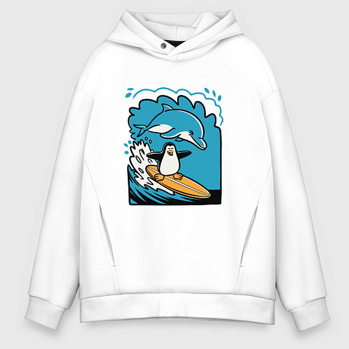 Мужское худи оверсайз Пингвин покорил волну / Белый – фото 1