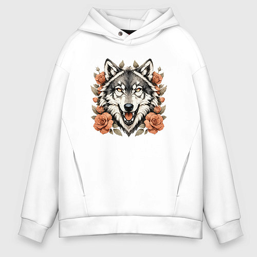 Мужское худи оверсайз Голова волка в цветах / Белый – фото 1
