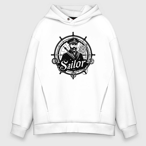 Мужское худи оверсайз Моряк капитан на штурвале / Белый – фото 1