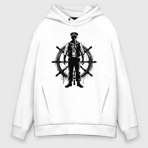 Мужское худи оверсайз Капитан и штурвал граффити / Белый – фото 1