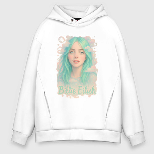 Мужское худи оверсайз Билли Айлиш с зелеными волосами / Белый – фото 1