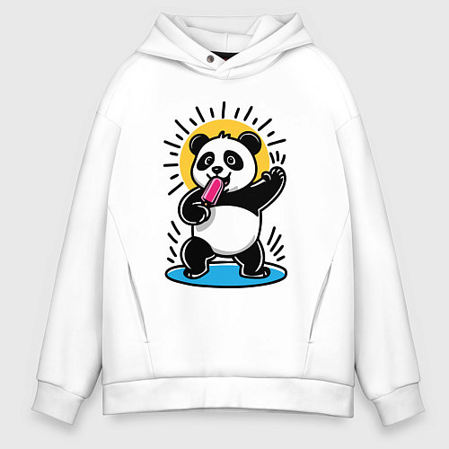Мужское худи оверсайз Панда с мороженым в стиле комикса / Белый – фото 1