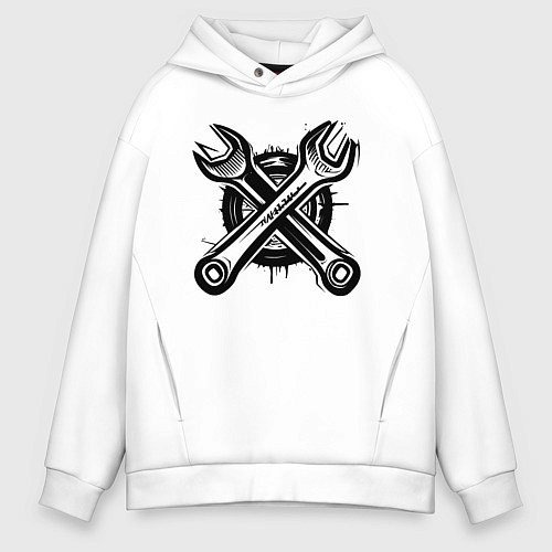 Мужское худи оверсайз Черные рожковые ключи / Белый – фото 1