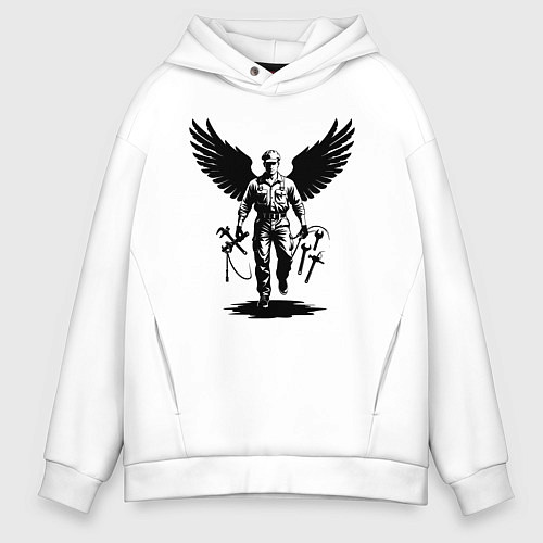 Мужское худи оверсайз Крылатый мастер с инструментами / Белый – фото 1
