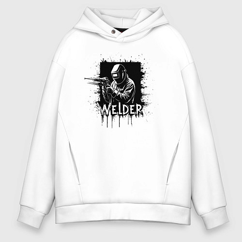 Мужское худи оверсайз Сварщик в маске на черном квадрате / Белый – фото 1