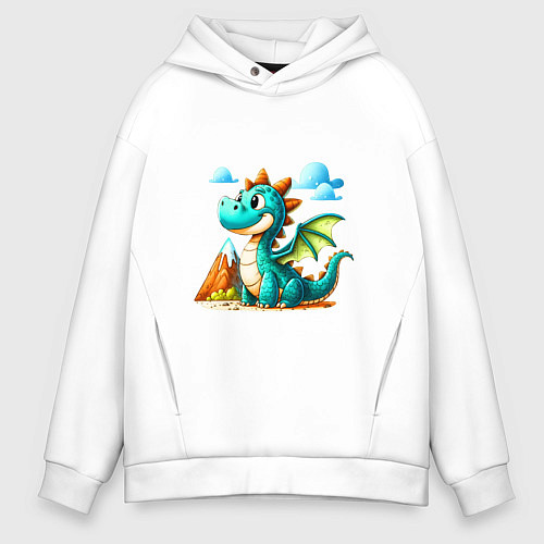 Мужское худи оверсайз Милый горный дракон / Белый – фото 1