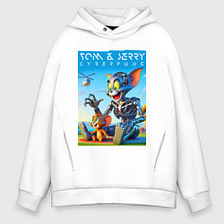 Толстовка оверсайз мужская Cyborg Tom and Jerry - ai art fantasy, цвет: белый