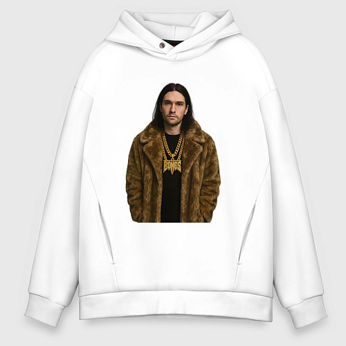 Мужское худи оверсайз Bones в шубе / Белый – фото 1