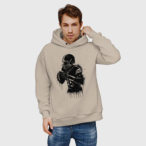 Мужское худи оверсайз Американский футболист черной краской / Миндальный – фото 3
