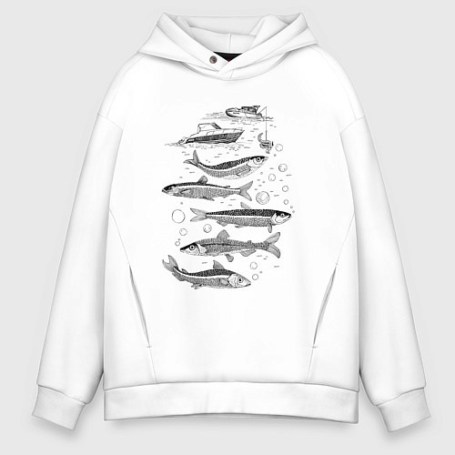 Мужское худи оверсайз Корюшка пошла и рыбалка началась / Белый – фото 1