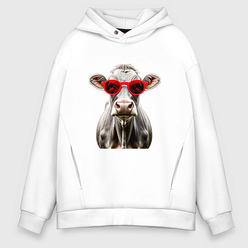 Мужское худи оверсайз Корова в очках / Белый – фото 1