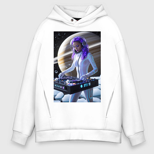 Мужское худи оверсайз Девушка космо DJ на фоне сатурна / Белый – фото 1