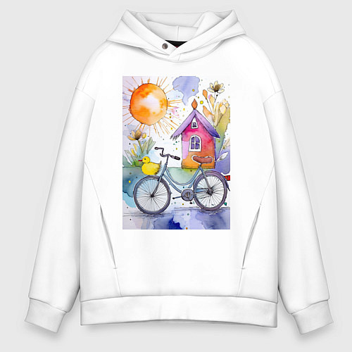 Мужское худи оверсайз Утенок на велосипеде - акварель / Белый – фото 1