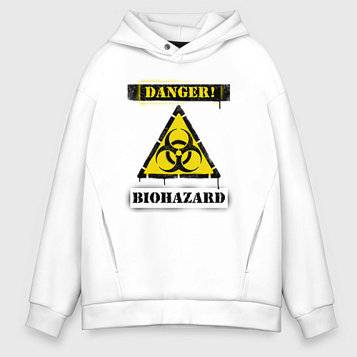 Мужское худи оверсайз Attention biohazard - danger / Белый – фото 1