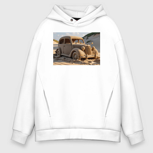 Мужское худи оверсайз Песчаный Автомобиль: Дорога в Пустыне / Белый – фото 1