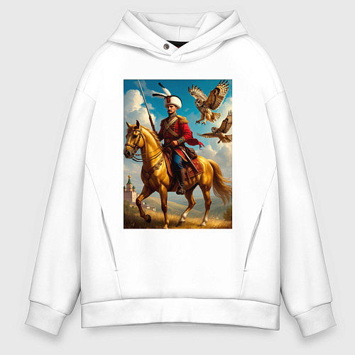 Мужское худи оверсайз Казак на коне с совами / Белый – фото 1