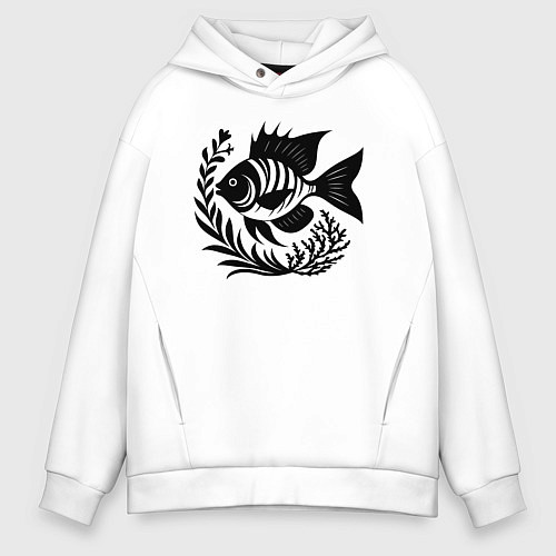 Мужское худи оверсайз Рыба в морских зарослях / Белый – фото 1