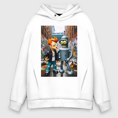 Мужское худи оверсайз Бендер и Фрай в Бронксе - нейроарт фантазия / Белый – фото 1