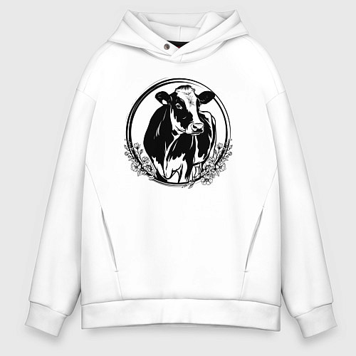 Мужское худи оверсайз Корова в цветочном круге / Белый – фото 1