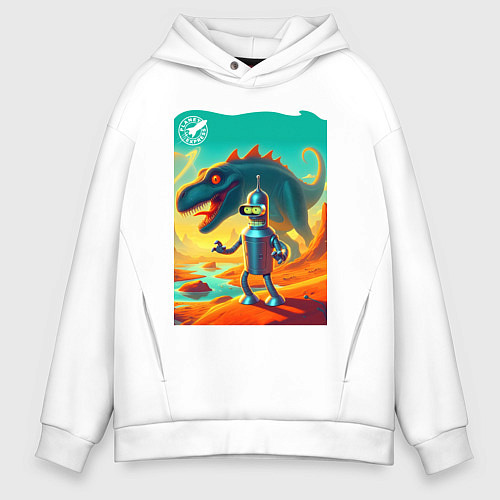 Мужское худи оверсайз Бендер и тираннозавр на затерянной планете / Белый – фото 1
