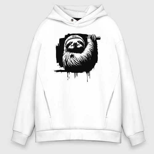 Мужское худи оверсайз Ленивец в черном штрихе / Белый – фото 1