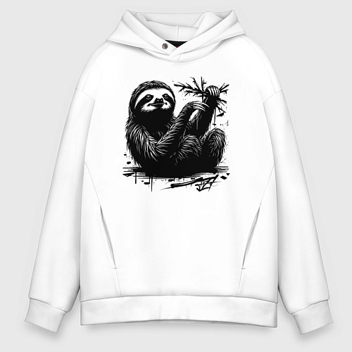 Мужское худи оверсайз Ленивец с веткой / Белый – фото 1