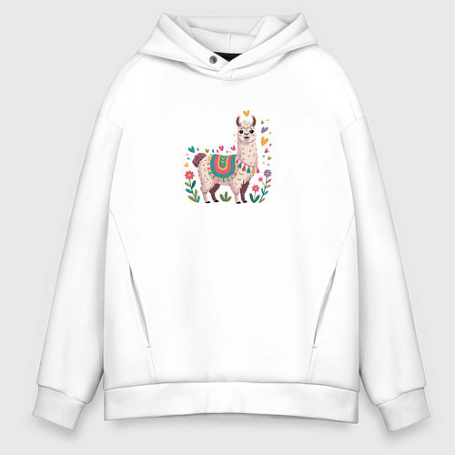 Мужское худи оверсайз Лама с сердечками и цветами / Белый – фото 1
