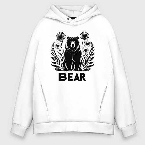 Мужское худи оверсайз Медведь среди цветов / Белый – фото 1