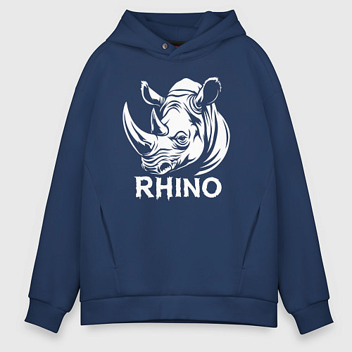 Мужское худи оверсайз Носорог с надписью / Тёмно-синий – фото 1