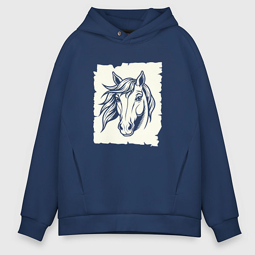Мужское худи оверсайз Лошадь на ветру / Тёмно-синий – фото 1