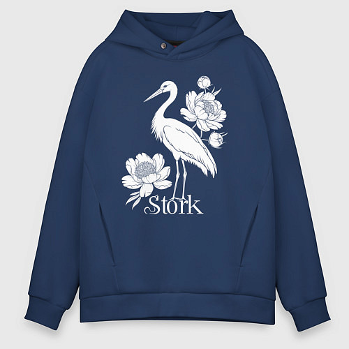 Мужское худи оверсайз Аист с цветами / Тёмно-синий – фото 1