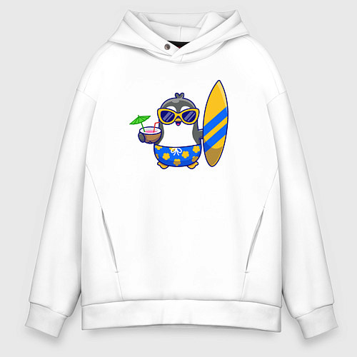 Мужское худи оверсайз Пингвин серфер / Белый – фото 1