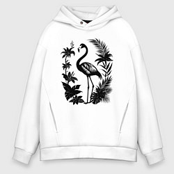 Толстовка оверсайз мужская Черный фламинго в цветах, цвет: белый