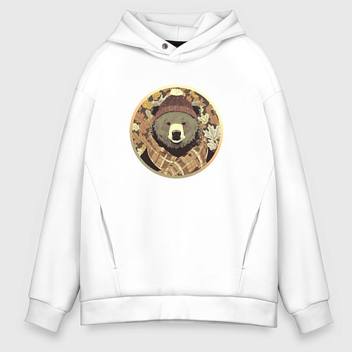 Мужское худи оверсайз Осенний медведь в шарфе / Белый – фото 1
