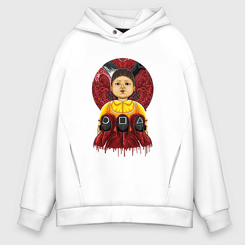 Мужское худи оверсайз Кукла и надзиратели игра в кальмара / Белый – фото 1