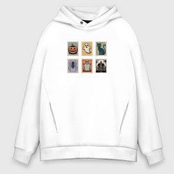 Толстовка оверсайз мужская Символы Хэллоуина тыква привидение и черный кот, цвет: белый