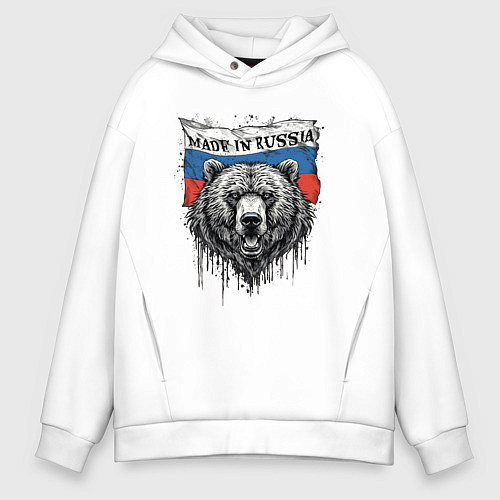 Мужское худи оверсайз Флаг России и медведь / Белый – фото 1