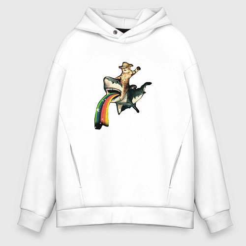 Мужское худи оверсайз Кот верхом на акуле / Белый – фото 1