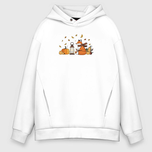 Мужское худи оверсайз Лиса с тыквами и фонарём / Белый – фото 1