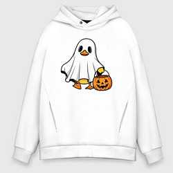Толстовка оверсайз мужская Утенок в костюме приведения - Хэллоуин, цвет: белый