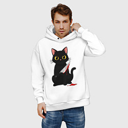 Толстовка оверсайз мужская Черный кот с ножом, цвет: белый — фото 2