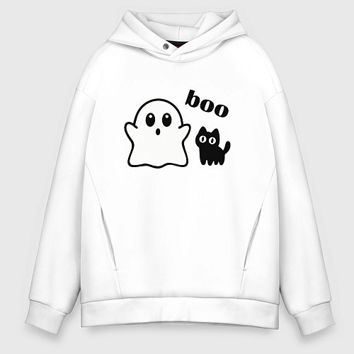 Мужское худи оверсайз Хэллоуин, привидение и черный кот / Белый – фото 1
