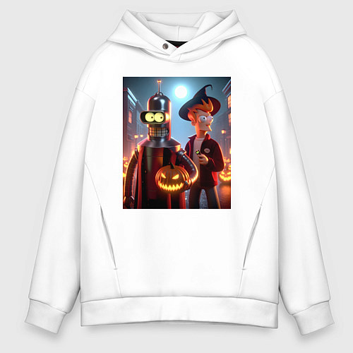 Мужское худи оверсайз Бендер и Фрай в шляпе - ночь на хэллоуин / Белый – фото 1