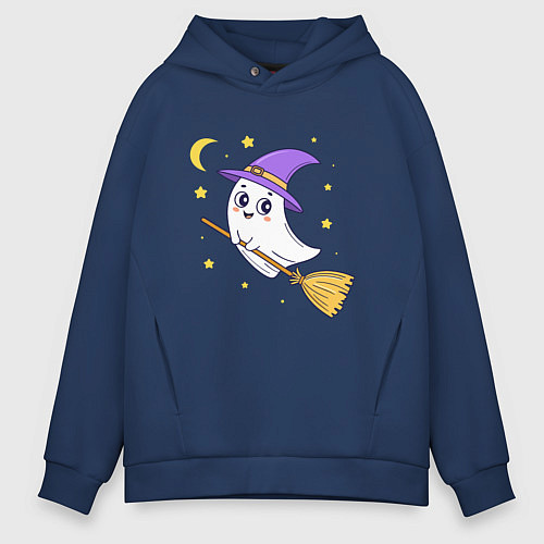 Мужское худи оверсайз Хэллоуин, привидение на метле, луна / Тёмно-синий – фото 1