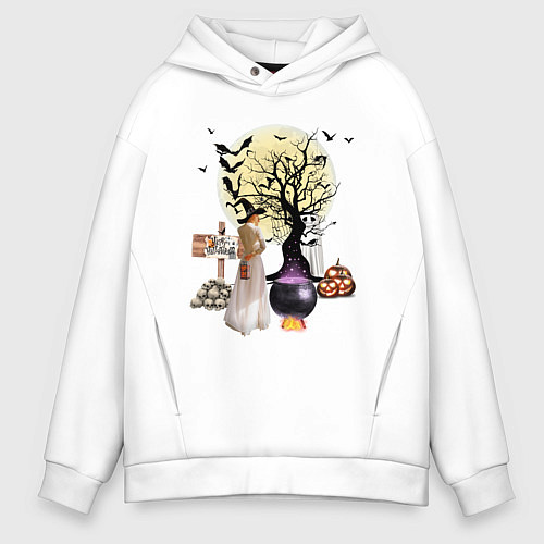 Мужское худи оверсайз Полнолуние в Хэллуин / Белый – фото 1