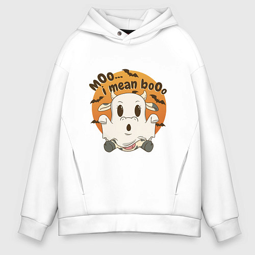 Мужское худи оверсайз Корова привидение: moo-boo - буу-муу / Белый – фото 1