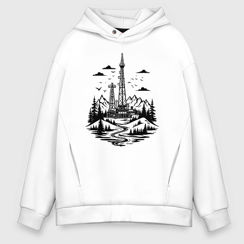 Мужское худи оверсайз Нефтяная вышка в горах / Белый – фото 1